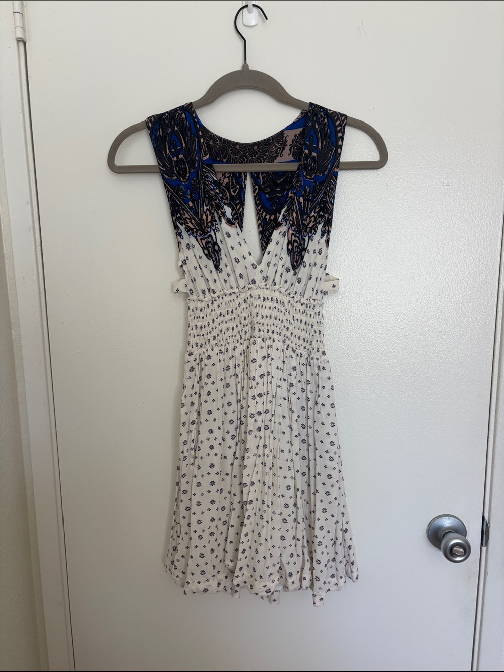 Free People Cream Mini Dress with Blue Paisley Yoke